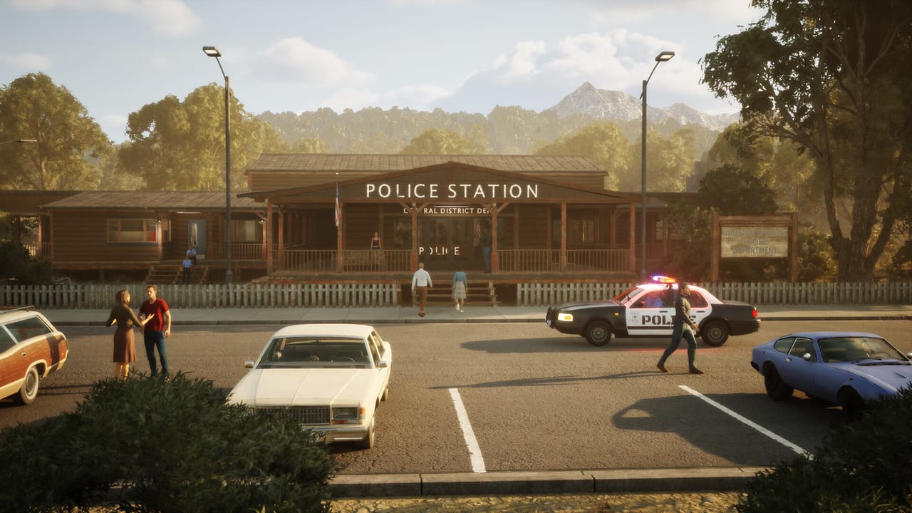 Winston Springs County police station exterior with a patrol car and civilians out front